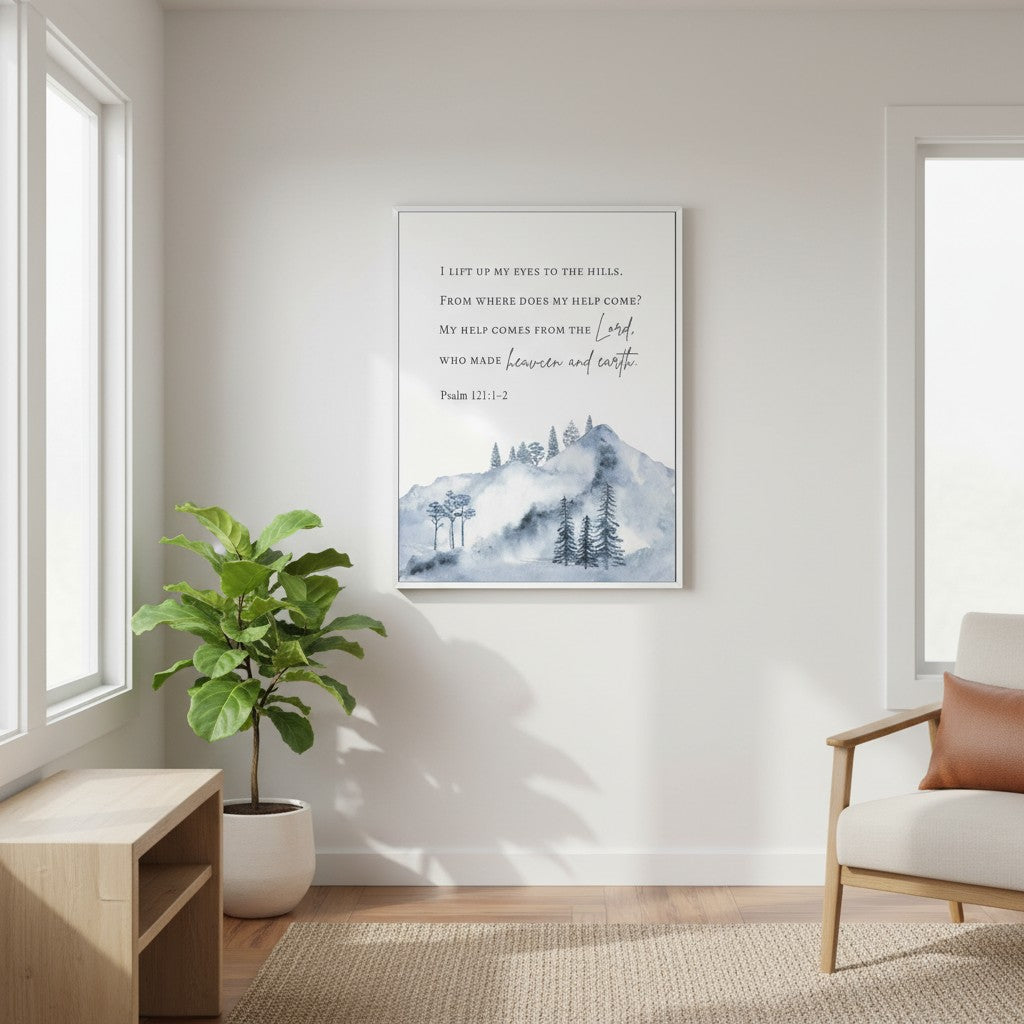 Misty mountain wall art with Bible verse from Psalm 121:1–2 displayed above a wooden console table, creating a calm and faith-filled space.