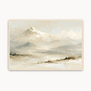 Vintage Psalm 121:2 Christian wall art featuring a snow-capped mountain landscape watercolor canvas print with handwritten script scripture and a maple wood frame.