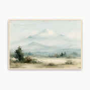 Vintage Psalm 121:2 Christian wall art featuring a snow-capped mountain landscape canvas print with handwritten script scripture, misty fields, and a maple wood frame.