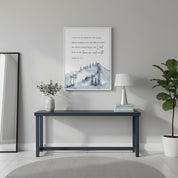 Misty mountain watercolor scripture framed canvas featuring Psalm 121:1–2, styled above a modern desk with neutral decor and sunlight streaming through the window.