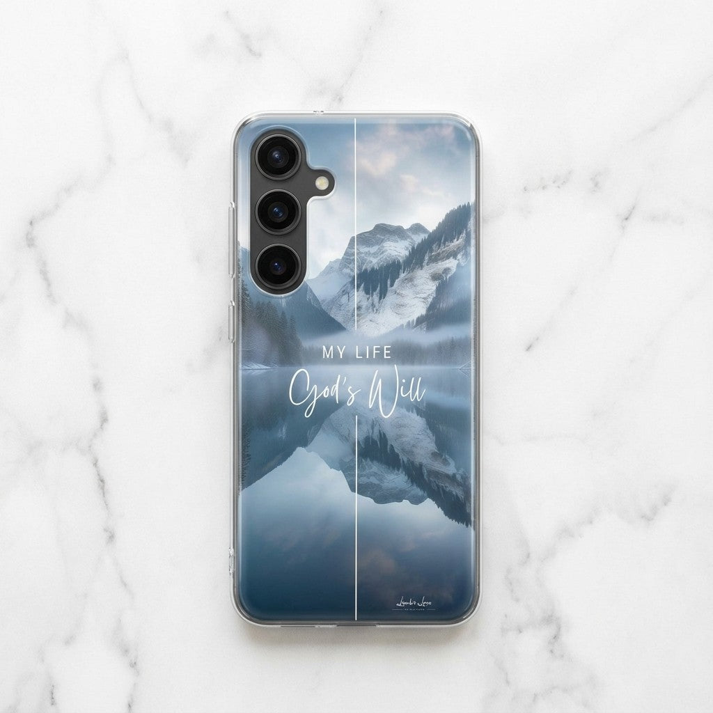 Samsung phone case with mountain design and 'My Life, God's Will' text on the case
