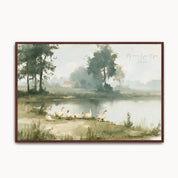 Vintage John 14:27 landscape framed canvas wall art featuring geese by a peaceful pond, handwritten scripture script, and a dark brown wood frame.