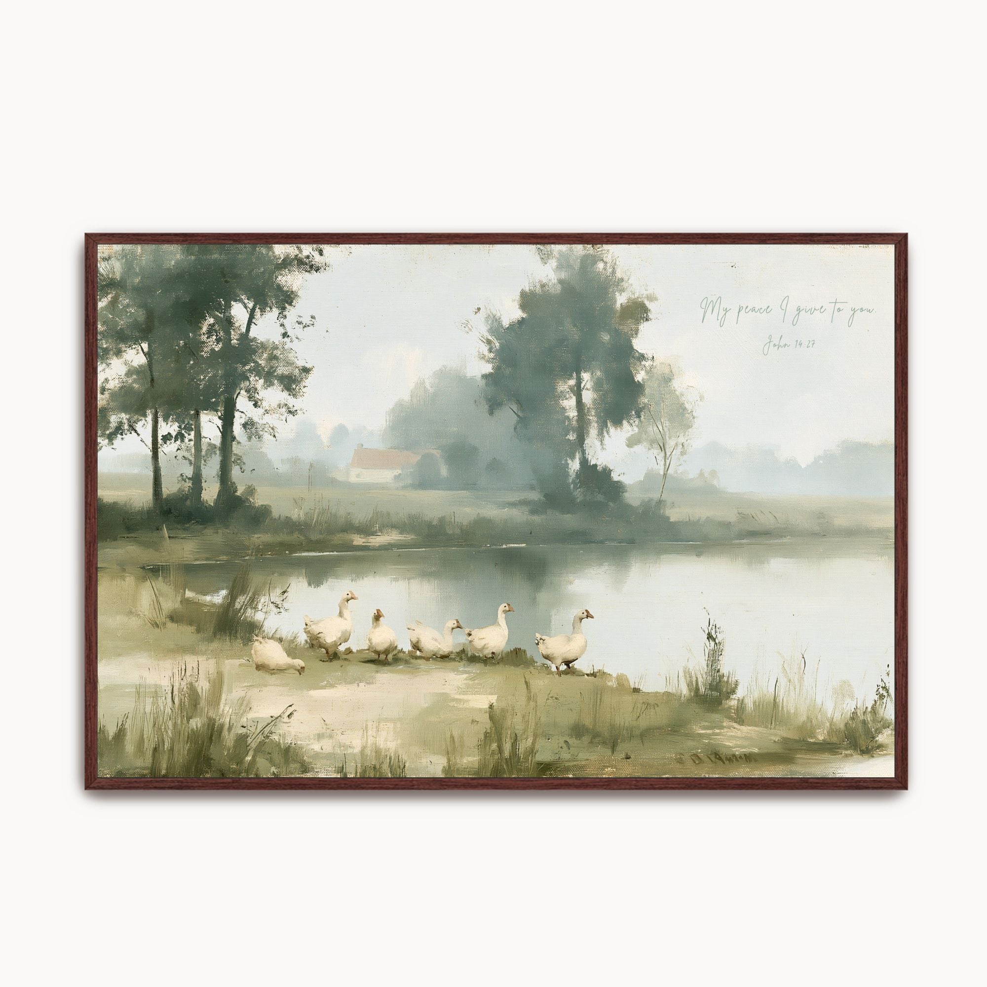 Vintage John 14:27 landscape framed canvas wall art featuring geese by a peaceful pond, handwritten scripture script, and a dark brown wood frame.