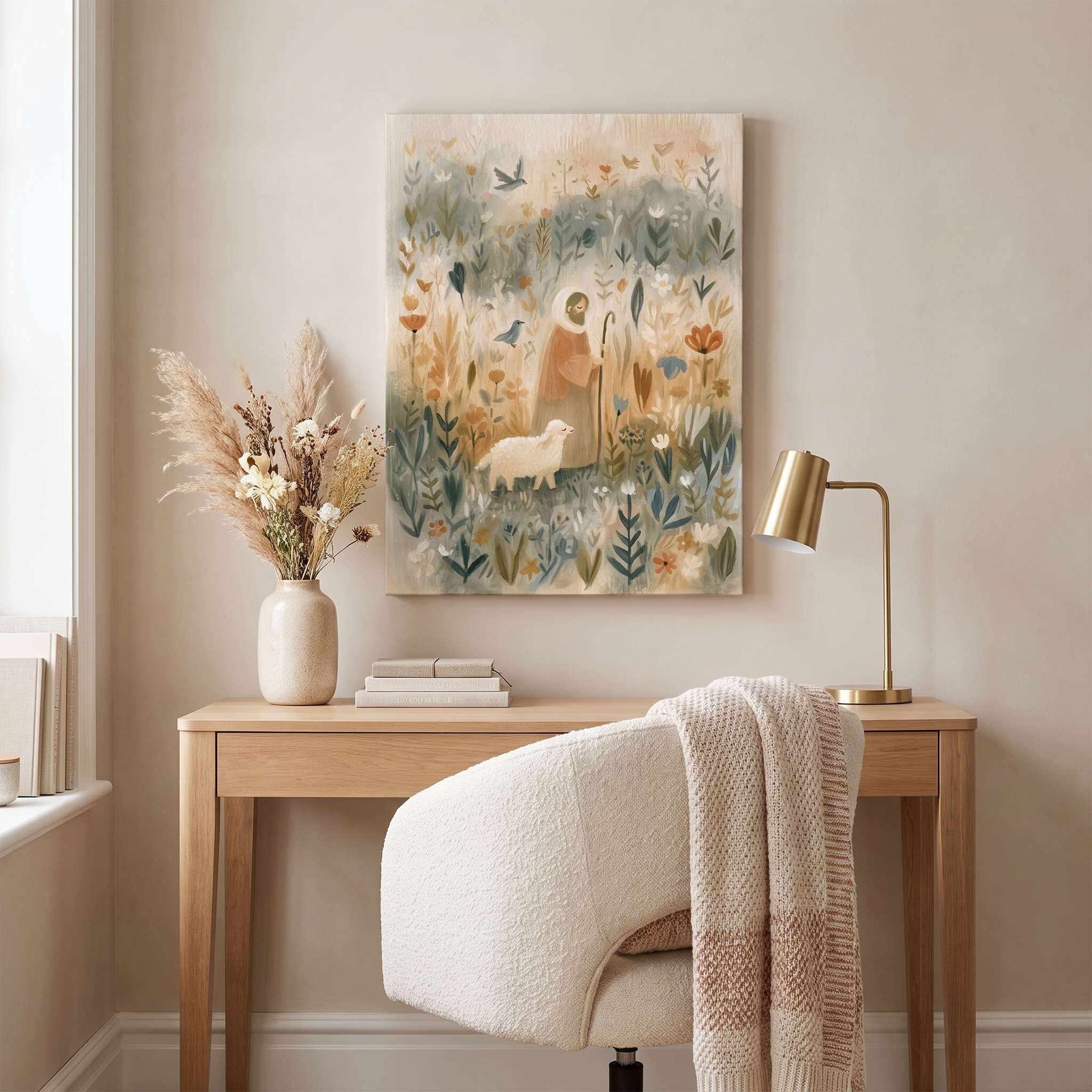My Shepherd Jesus and lamb Christian kids canvas wall art above a wooden desk with a brass lamp, books and a cream chair in a neutral study corner.