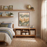 Framed My Shepherd Jesus and lamb Christian kids wall art above wooden storage cubbies beside a bed, with bookshelves and a globe overhead.
