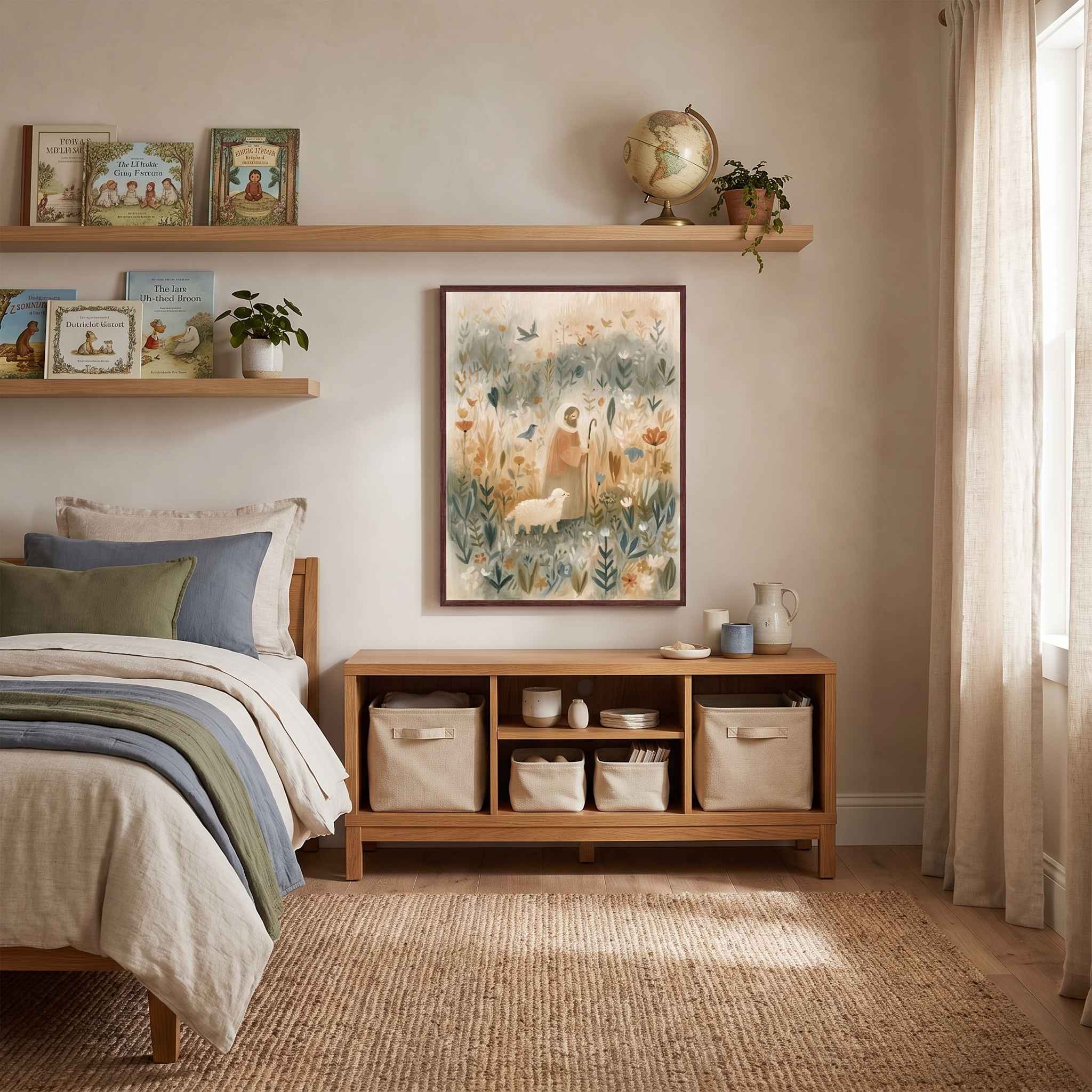 Framed My Shepherd Jesus and lamb Christian kids wall art above wooden storage cubbies beside a bed, with bookshelves and a globe overhead.