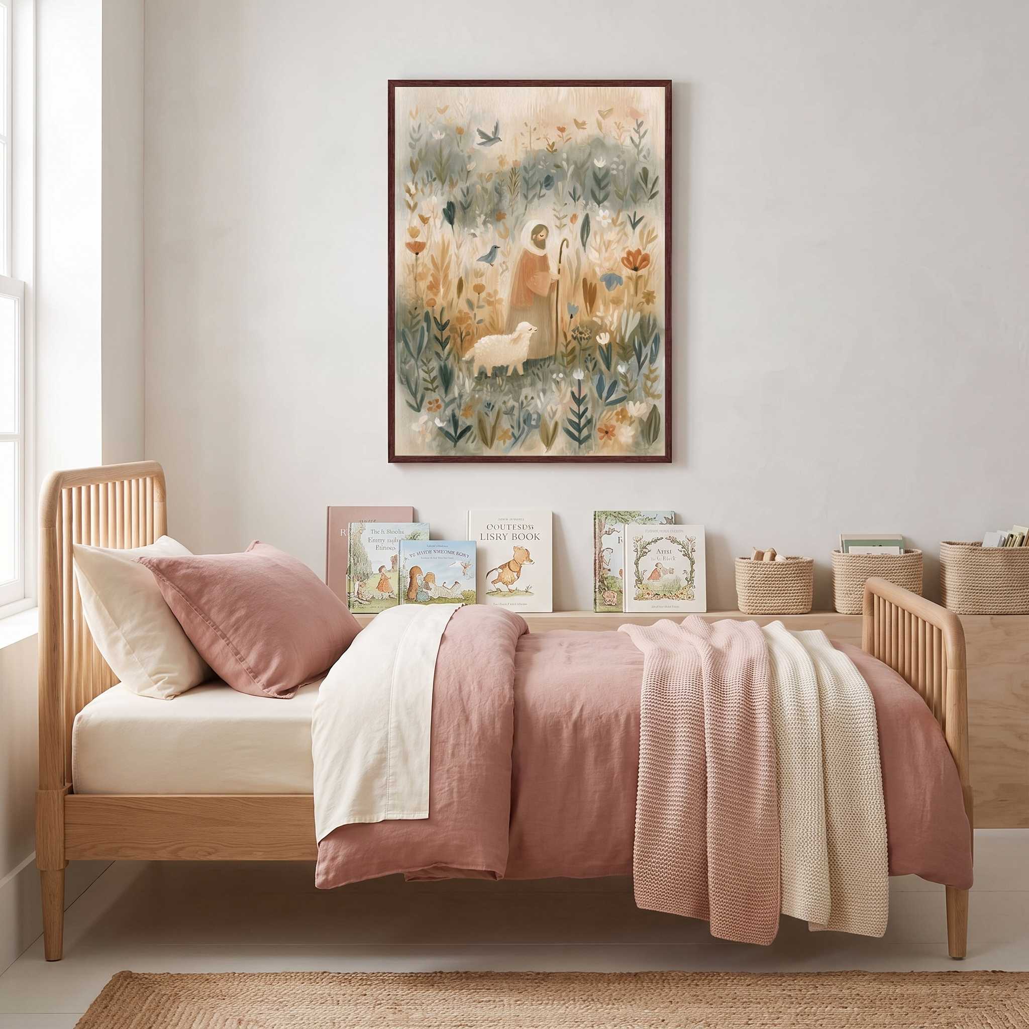 My Shepherd Jesus and lamb Christian kids wall art in a dark wood frame above a wooden bed with blush pink and cream bedding and children’s books.