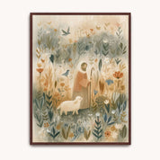 My Shepherd Christian kids wall art showing Jesus with a lamb among flowers, leafy plants and birds, displayed in a dark wood frame.