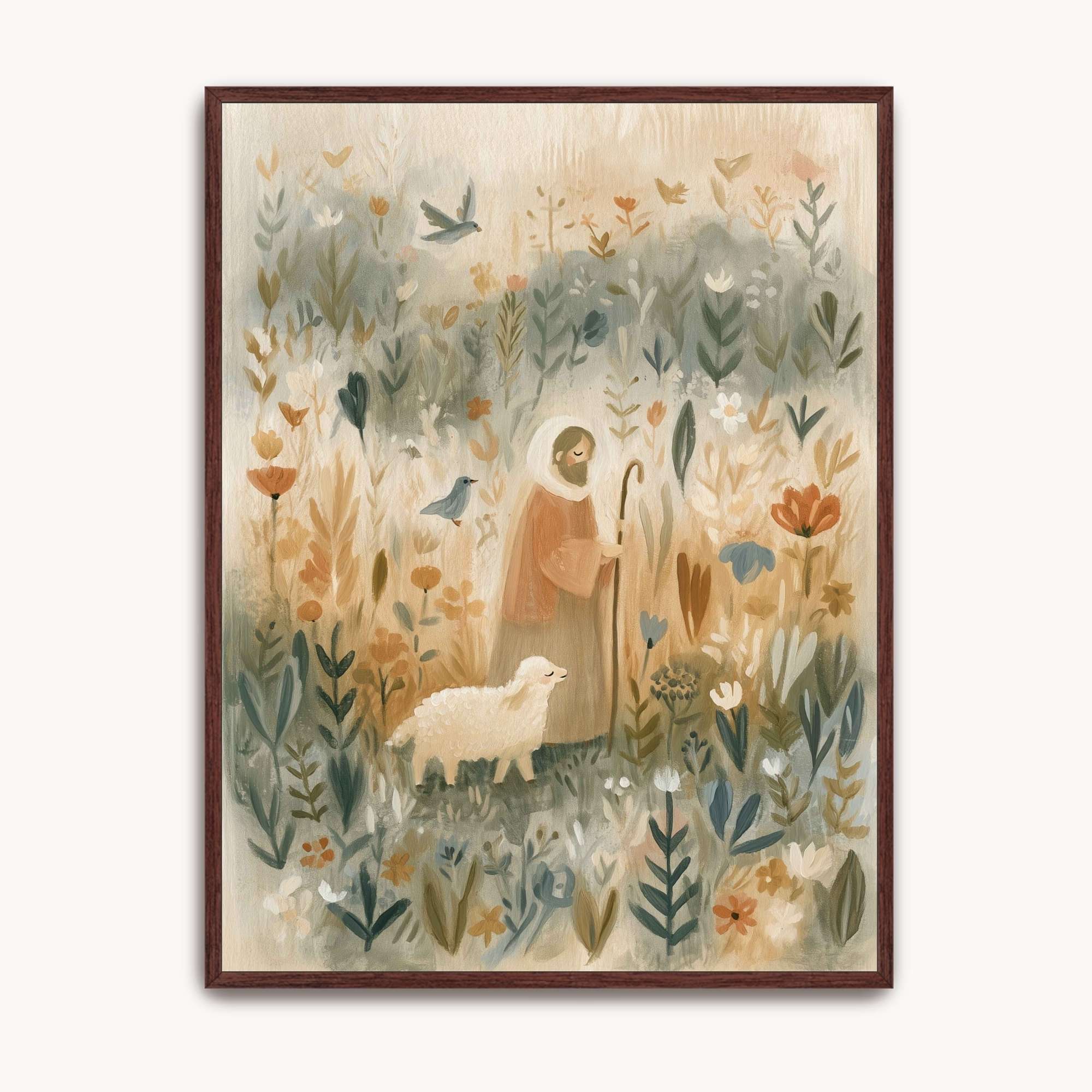 My Shepherd Christian kids wall art showing Jesus with a lamb among flowers, leafy plants and birds, displayed in a dark wood frame.