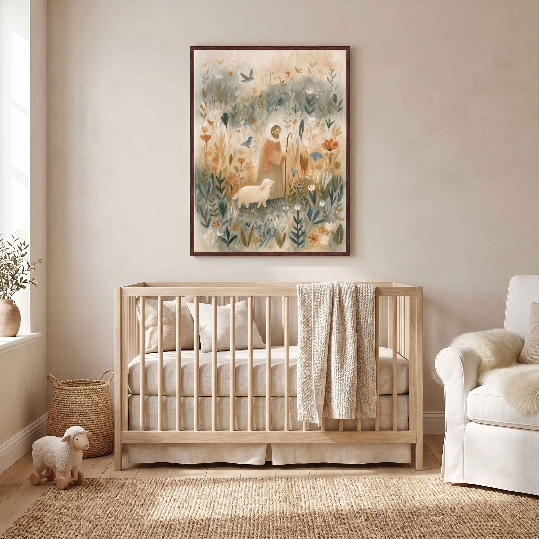 Framed My Shepherd Jesus and lamb Christian nursery wall art above a light wood crib, with a cream armchair and toy lamb in a neutral baby’s room.