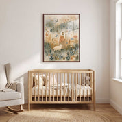 My Shepherd Jesus and lamb Christian nursery framed print above a wooden crib with cream bedding, beside a rocking chair in a sunlit baby’s room.