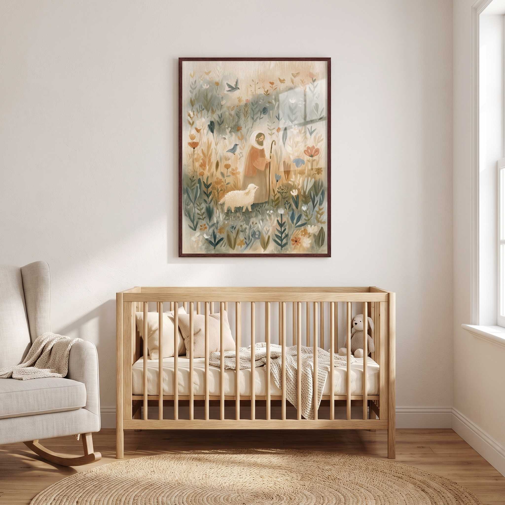 My Shepherd Jesus and lamb Christian nursery framed print above a wooden crib with cream bedding, beside a rocking chair in a sunlit baby’s room.
