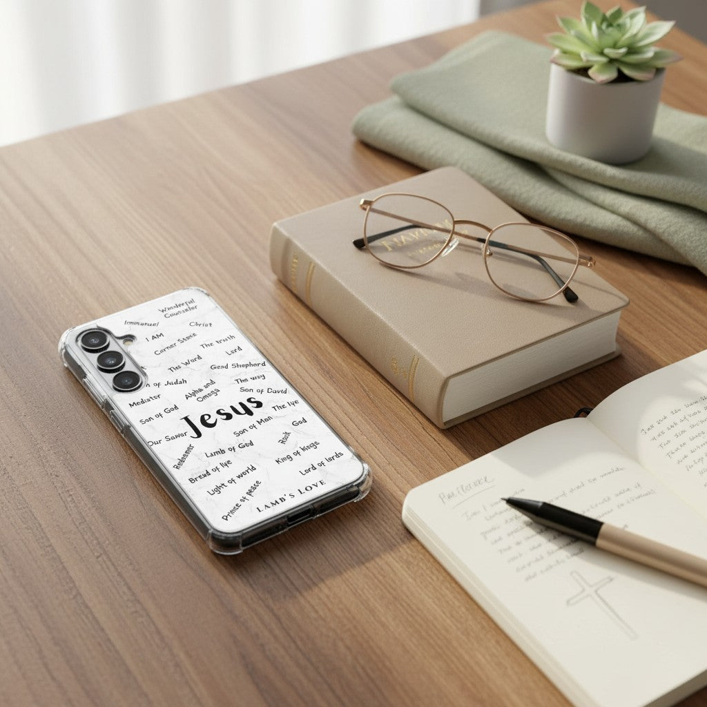 A clear Samsung Galaxy phone case with black biblical names of Jesus typography, resting on a wooden desk next to a pair of glasses, an open Bible with a pen, and a small potted succulent.