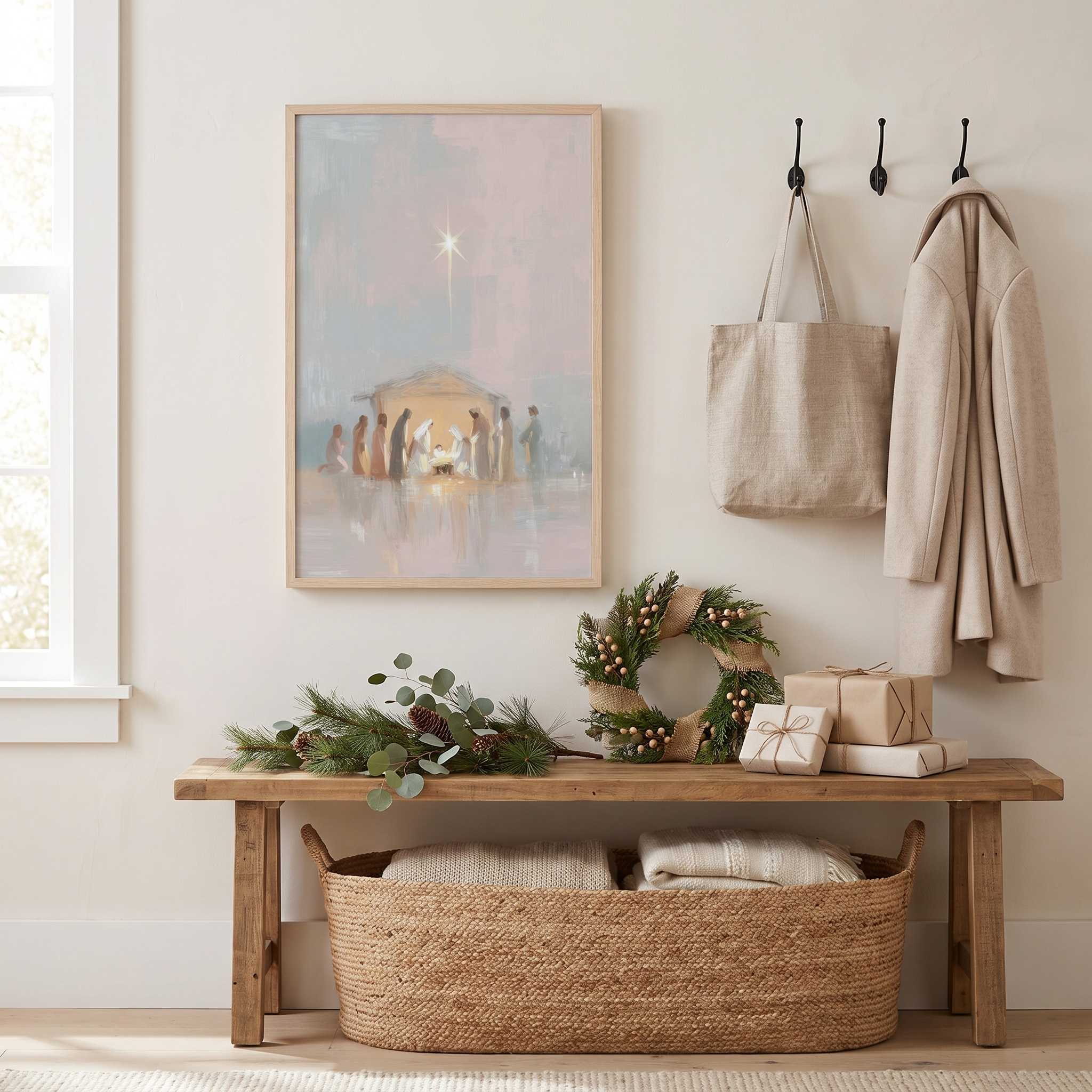 Framed Nativity wall art above an entryway bench with a Christmas wreath, greenery and wrapped gifts, for a welcoming Christian holiday home.