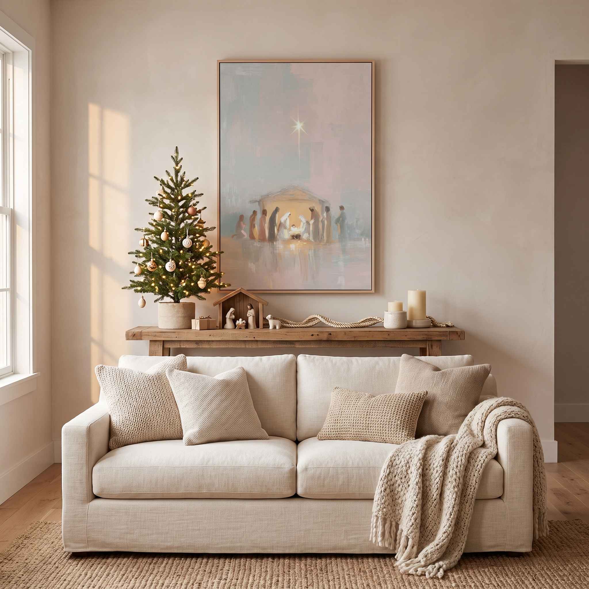 Framed Nativity Christmas wall art above a beige sofa beside a decorated Christmas tree, creating a peaceful Christian holiday living room.