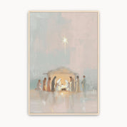 Watercolor Nativity scene wall art showing Mary, Joseph and baby Jesus beneath the Star of Bethlehem, a meaningful Christian Christmas decoration.