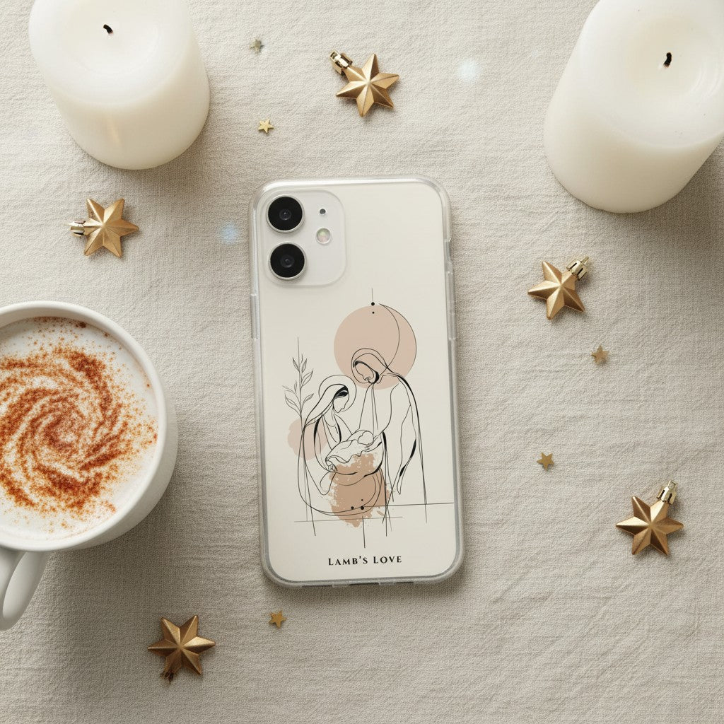 Nativity Scene Christian MagSafe iPhone case beside hot cocoa and candles with cozy Christmas flat lay aesthetic featuring minimalist Holy Family artwork and warm neutral tones