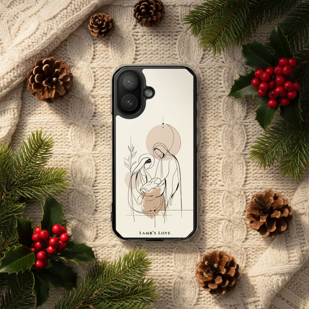 Nativity Scene Christian MagSafe iPhone case surrounded by pine branches, red berries, pinecones, and cozy knit fabric featuring minimalist Holy Family artwork with warm Christmas aesthetic