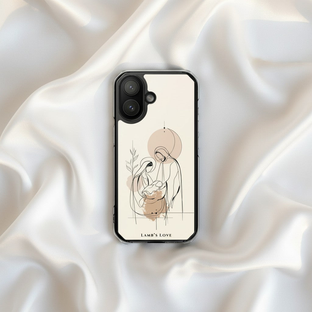 Nativity Scene Christian MagSafe iPhone case on soft white silk fabric background featuring minimalist Holy Family line art with warm neutral Christmas aesthetic