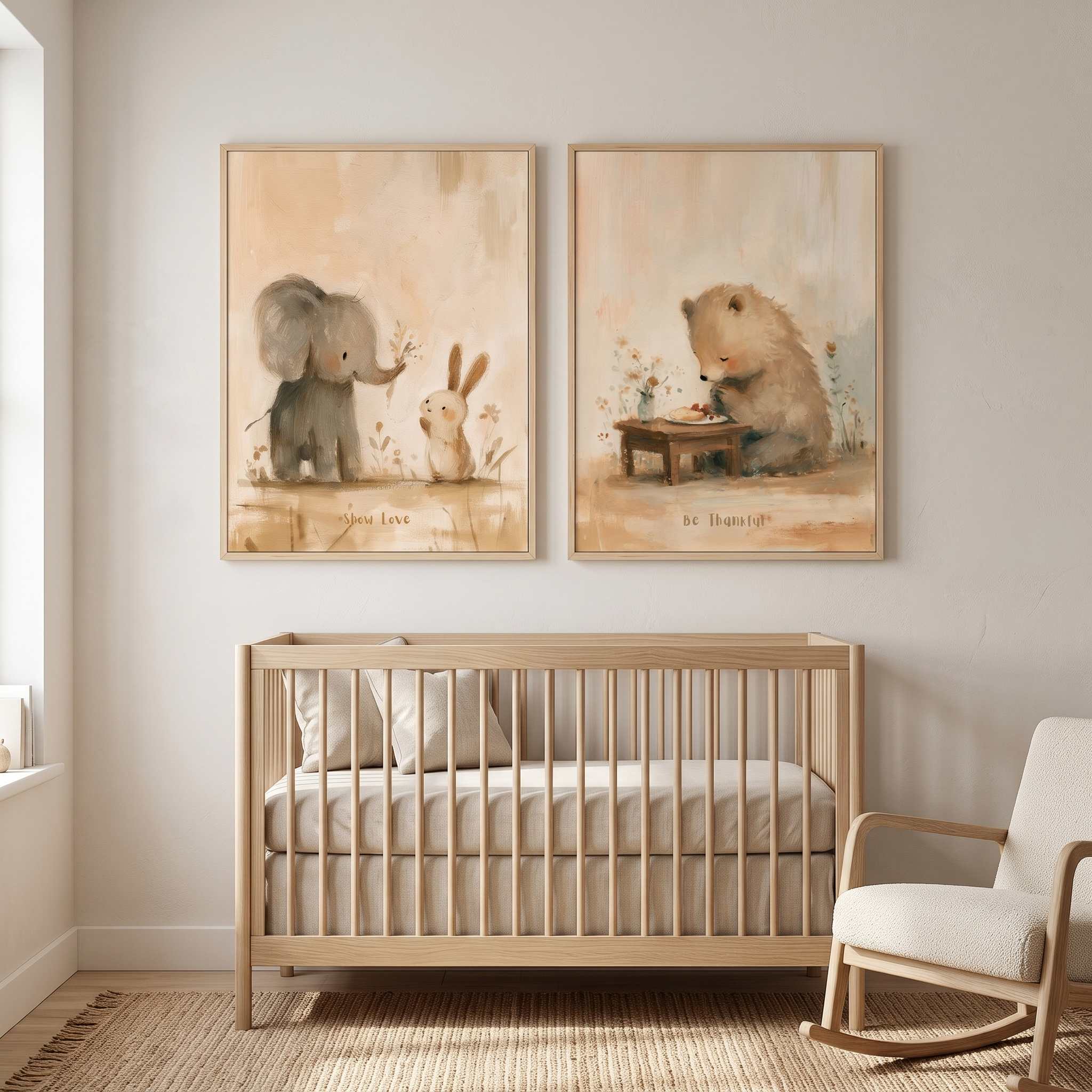 Two framed neutral watercolor Christian nursery art prints displayed above a light wood crib, featuring an elephant and rabbit on the left and a praying bear on the right.