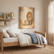 Never Alone lion and cub Christian kids canvas wall art above a wooden bed with cream bedding and a blue blanket in a neutral children’s bedroom.