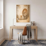 Framed Never Alone lion and cub Christian kids wall art above a wooden desk with books, a lamp, and headphones in a neutral study space.