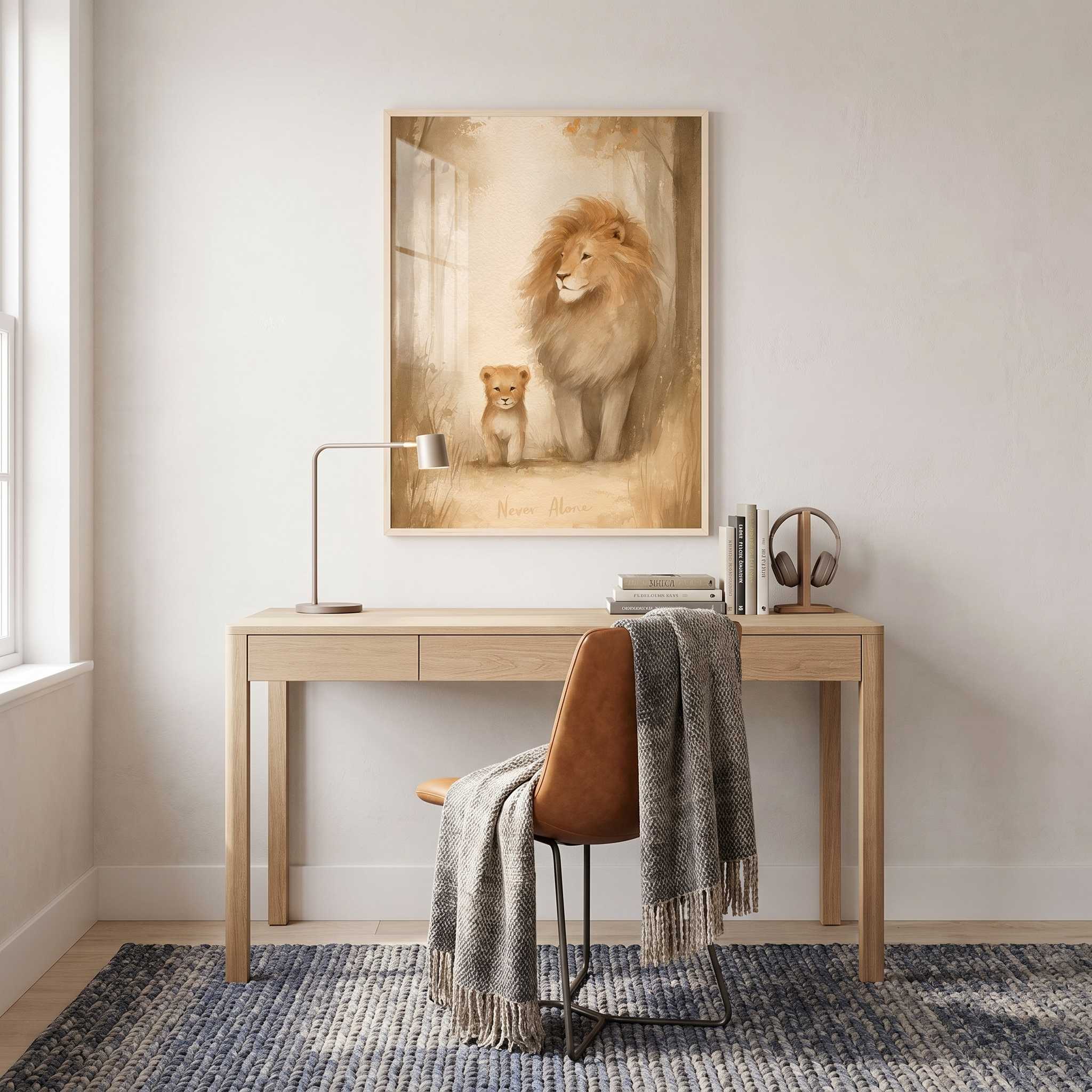 Framed Never Alone lion and cub Christian kids wall art above a wooden desk with books, a lamp, and headphones in a neutral study space.