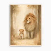 Never Alone Christian kids wall art featuring a lion cub walking beside an adult lion in a warm woodland scene, displayed in a light wood frame.