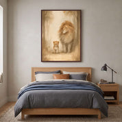 Never Alone Christian nursery and kids wall art featuring a lion and cub walking together, framed above a wooden bed.