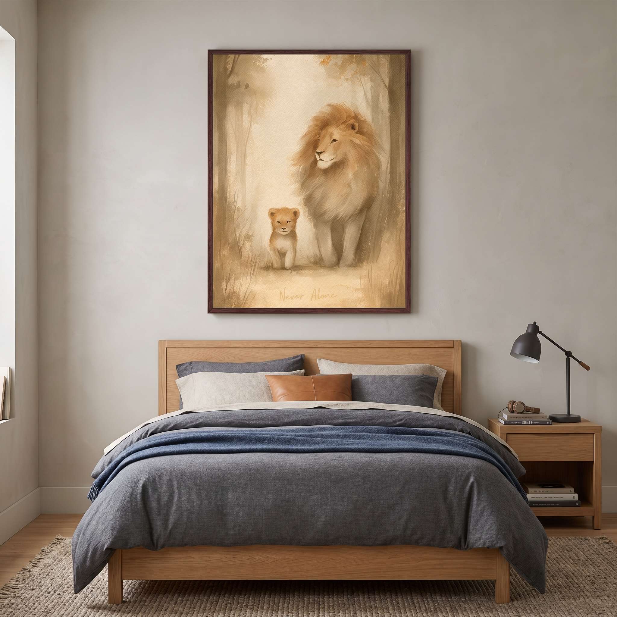 Never Alone Christian nursery and kids wall art featuring a lion and cub walking together, framed above a wooden bed.