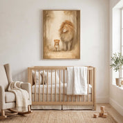 Framed Never Alone lion and cub Christian nursery wall art above a wooden crib, with cream bedding and a rocking chair in a soft neutral baby room.