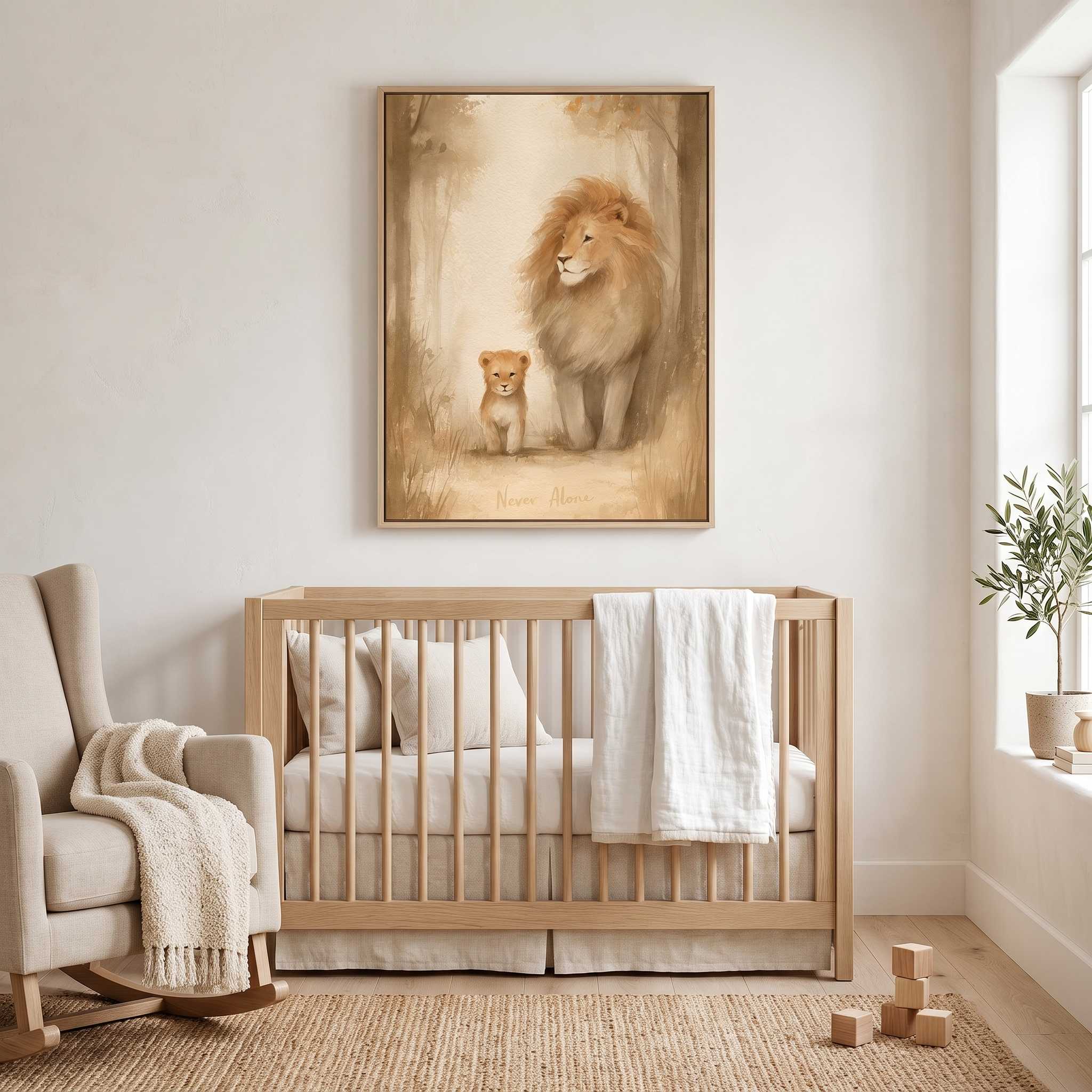Framed Never Alone lion and cub Christian nursery wall art above a wooden crib, with cream bedding and a rocking chair in a soft neutral baby room.