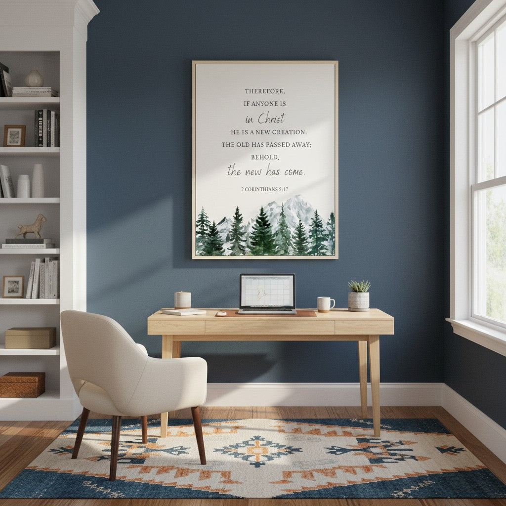 Mountain forest watercolor Christian wall art with 2 Corinthians 5:17 displayed in a blue-walled living room with cozy sofa and warm accents.