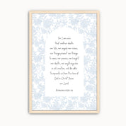 Christian Scripture wall art featuring Romans 8:38–39, "Nothing can separate us from the love of God in Christ Jesus our Lord," displayed within an elegant arched design surrounded by delicate blue watercolor florals. Inspirational Bible verse artwork for the living room, bedroom, prayer room, or office.