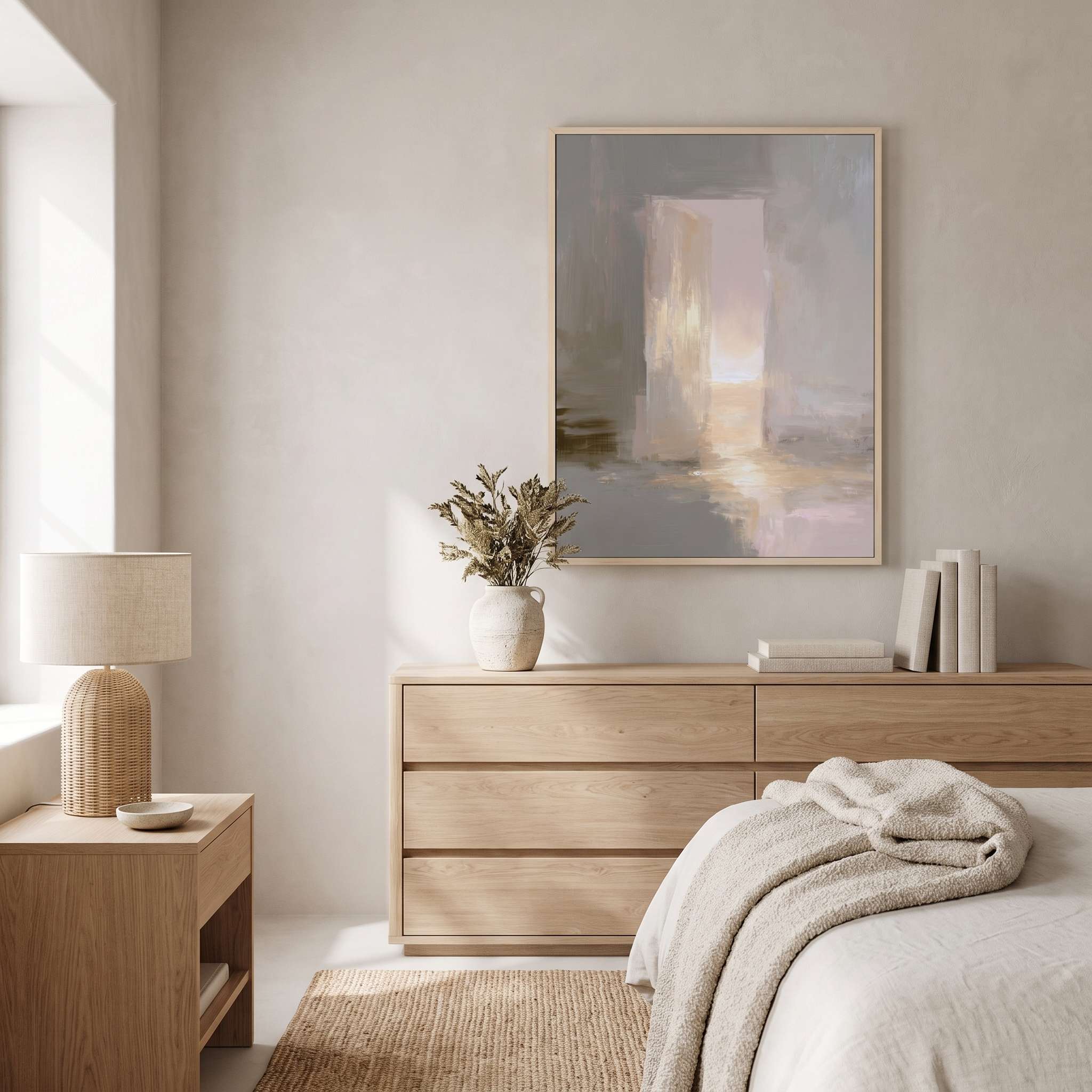 Open door Christian wall art with warm glowing light displayed above a natural wood dresser in a bright, neutral bedroom.
