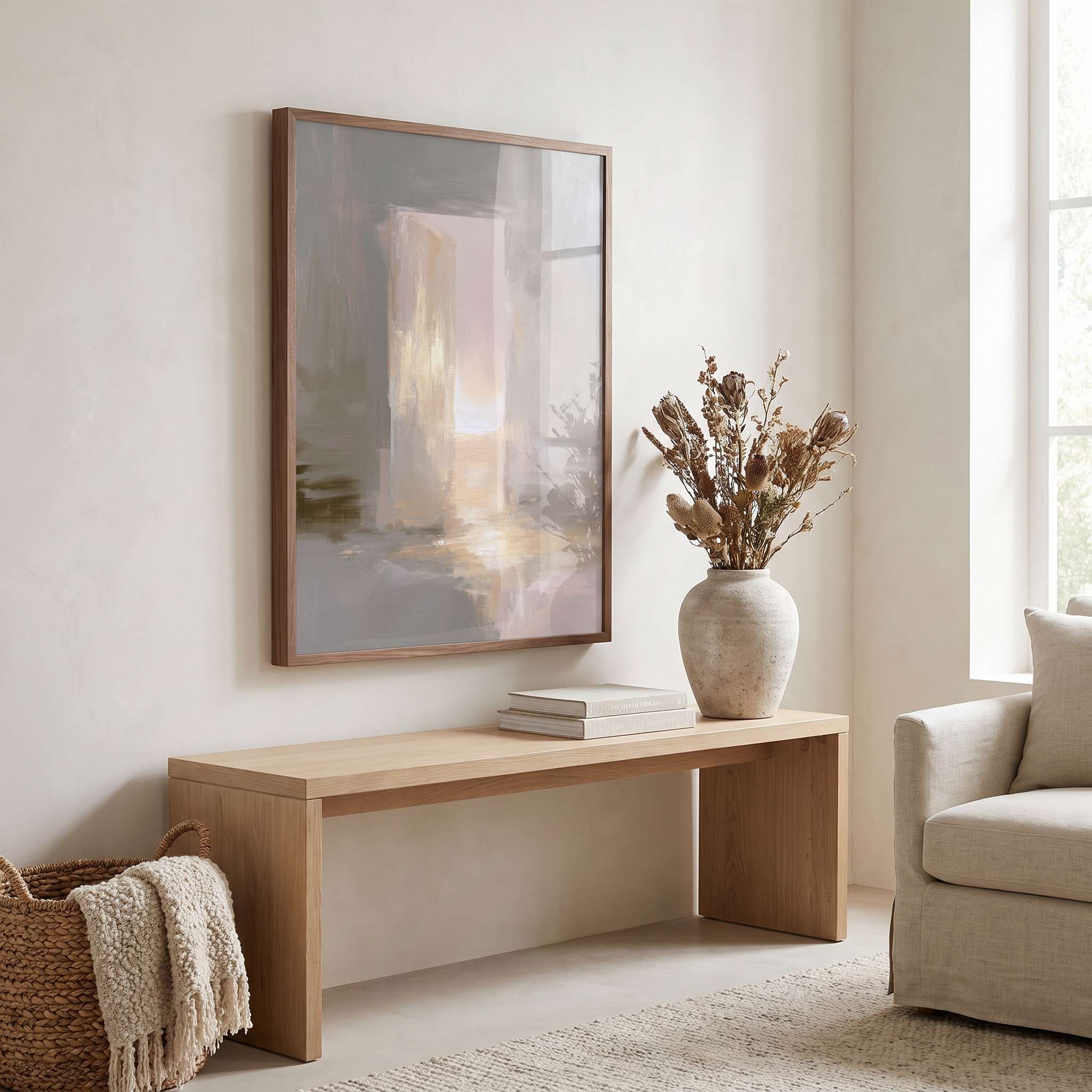 Framed open door Jesus salvation wall art above a light wood console in a bright neutral living room, styled with a ceramic vase and natural decor.