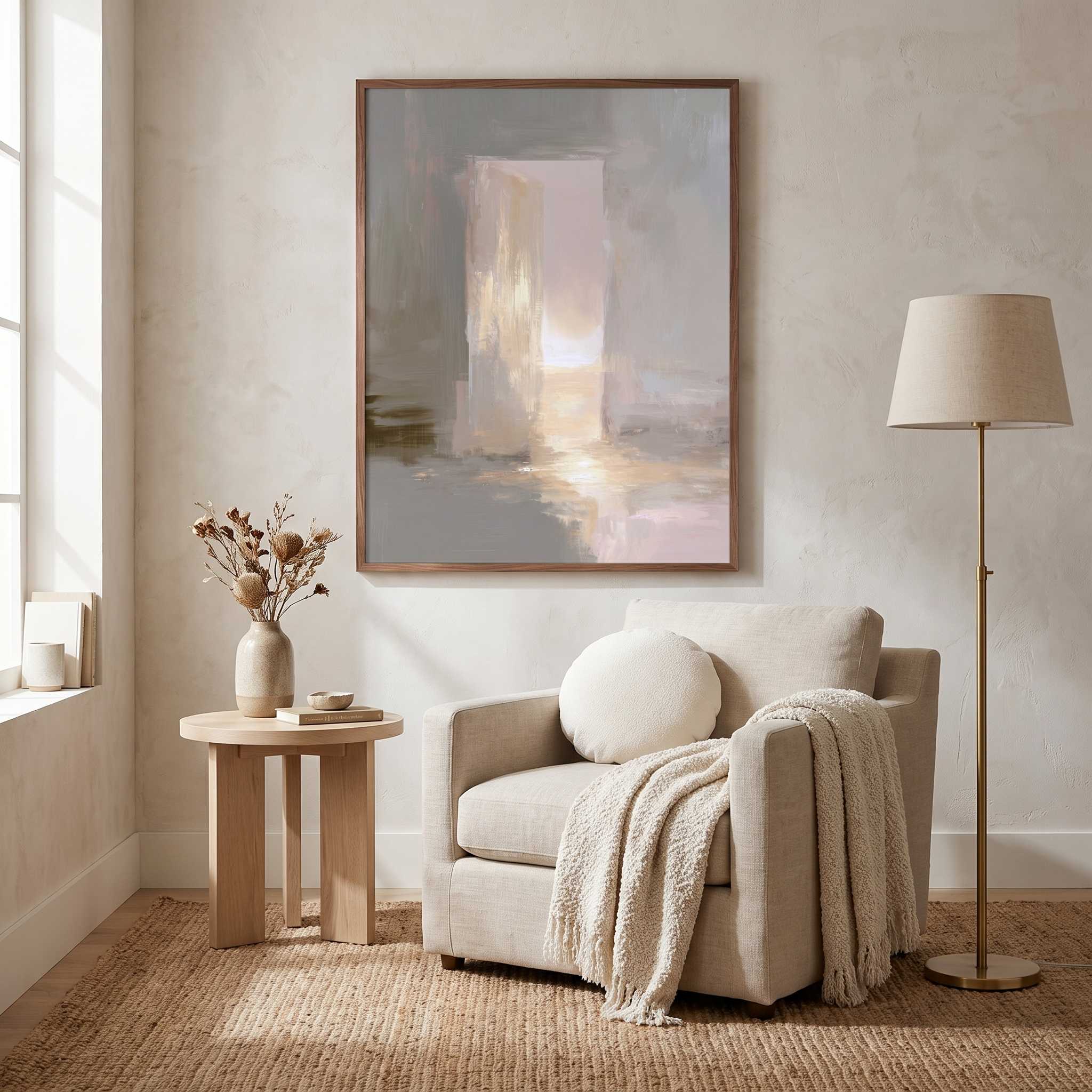 Open door Jesus salvation wall art displayed above a cream armchair in a calm neutral reading nook with natural wood and soft beige decor.