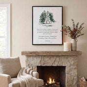 Our Savior Is Born Isaiah 9:6 framed canvas wall art with watercolor snowy pine trees displayed above a stone fireplace mantel with cozy Christmas living room decor.