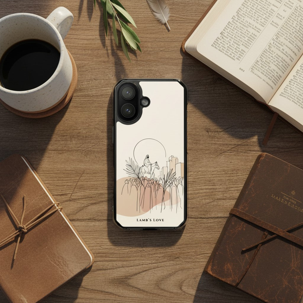 Palm Sunday Christian MagSafe iPhone case beside Bible and coffee in cozy devotional flat lay setting with minimalist artwork of Jesus entering Jerusalem and warm neutral aesthetic