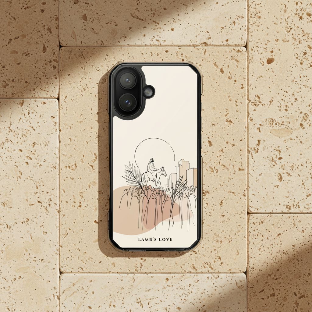 Palm Sunday Christian MagSafe iPhone case on textured sandstone surface with soft sunlight shadows featuring minimalist artwork of Jesus entering Jerusalem and warm neutral aesthetic