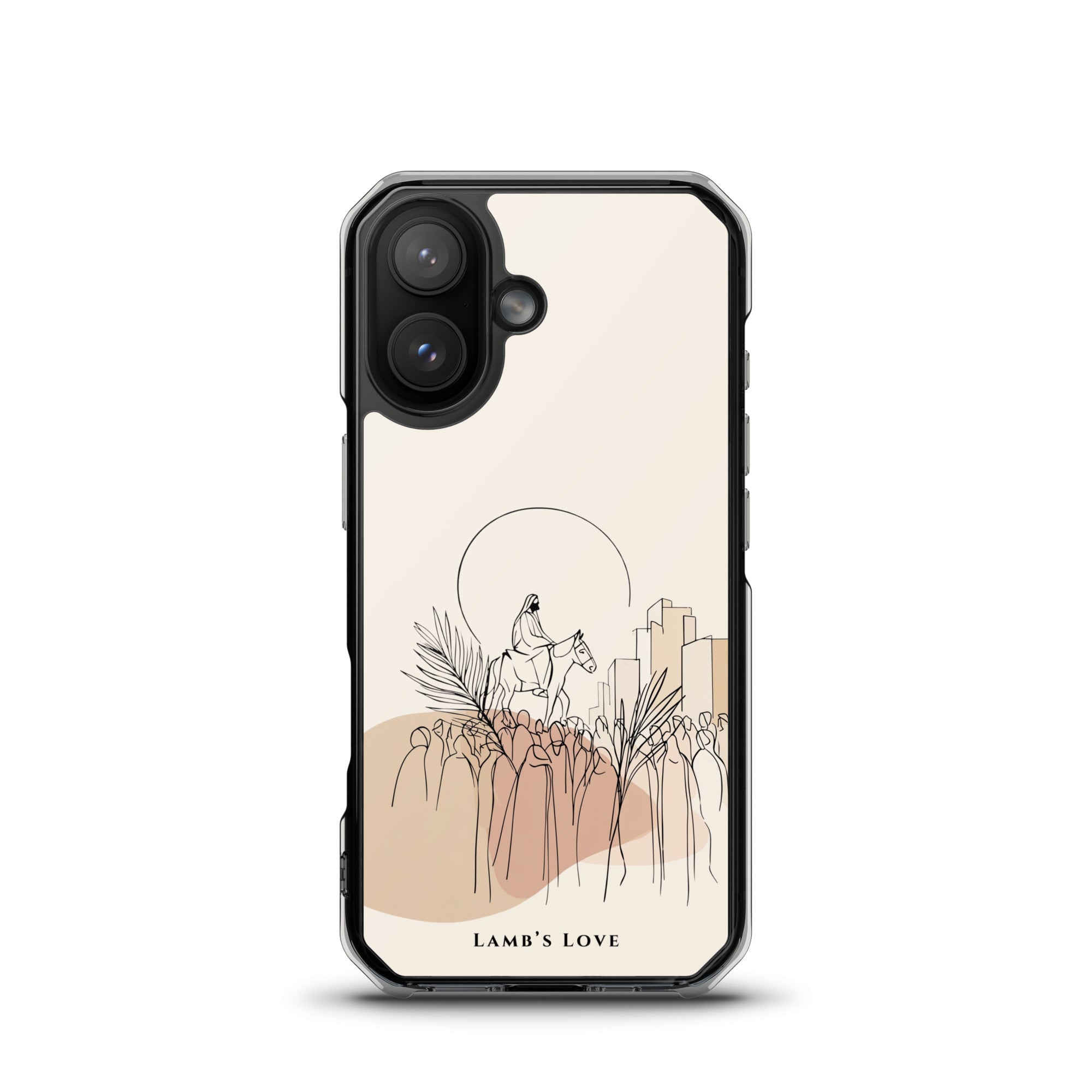 Palm Sunday Christian MagSafe iPhone case featuring minimalist artwork of Jesus entering Jerusalem on a donkey with neutral faith-inspired aesthetic