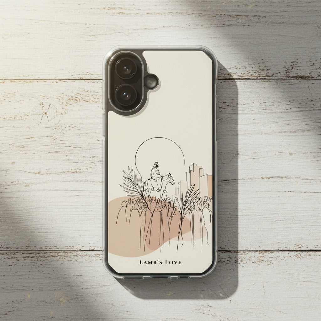 Palm Sunday Christian MagSafe iPhone case on rustic white painted wood background featuring minimalist artwork of Jesus entering Jerusalem with neutral faith-inspired aesthetic