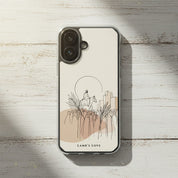 Palm Sunday Christian MagSafe iPhone case on rustic white painted wood background featuring minimalist artwork of Jesus entering Jerusalem with neutral faith-inspired aesthetic