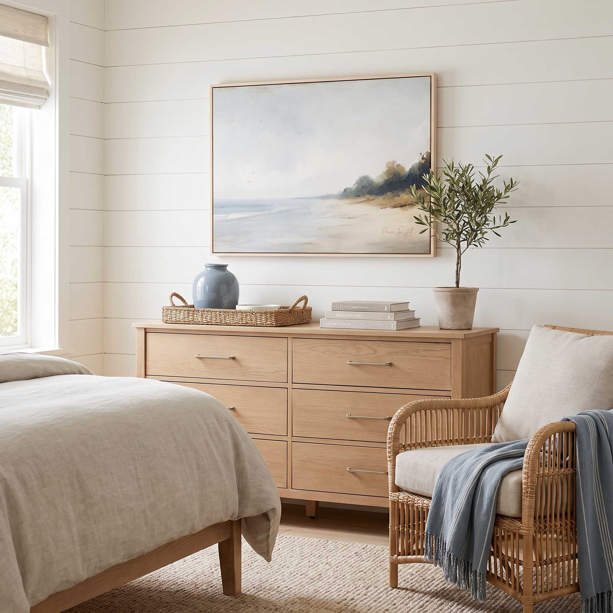 Framed vintage Mark 4:39 Christian landscape canvas wall art featuring a coastal beach scene hanging above a light wooden dresser with a rattan armchair in a cozy bedroom.