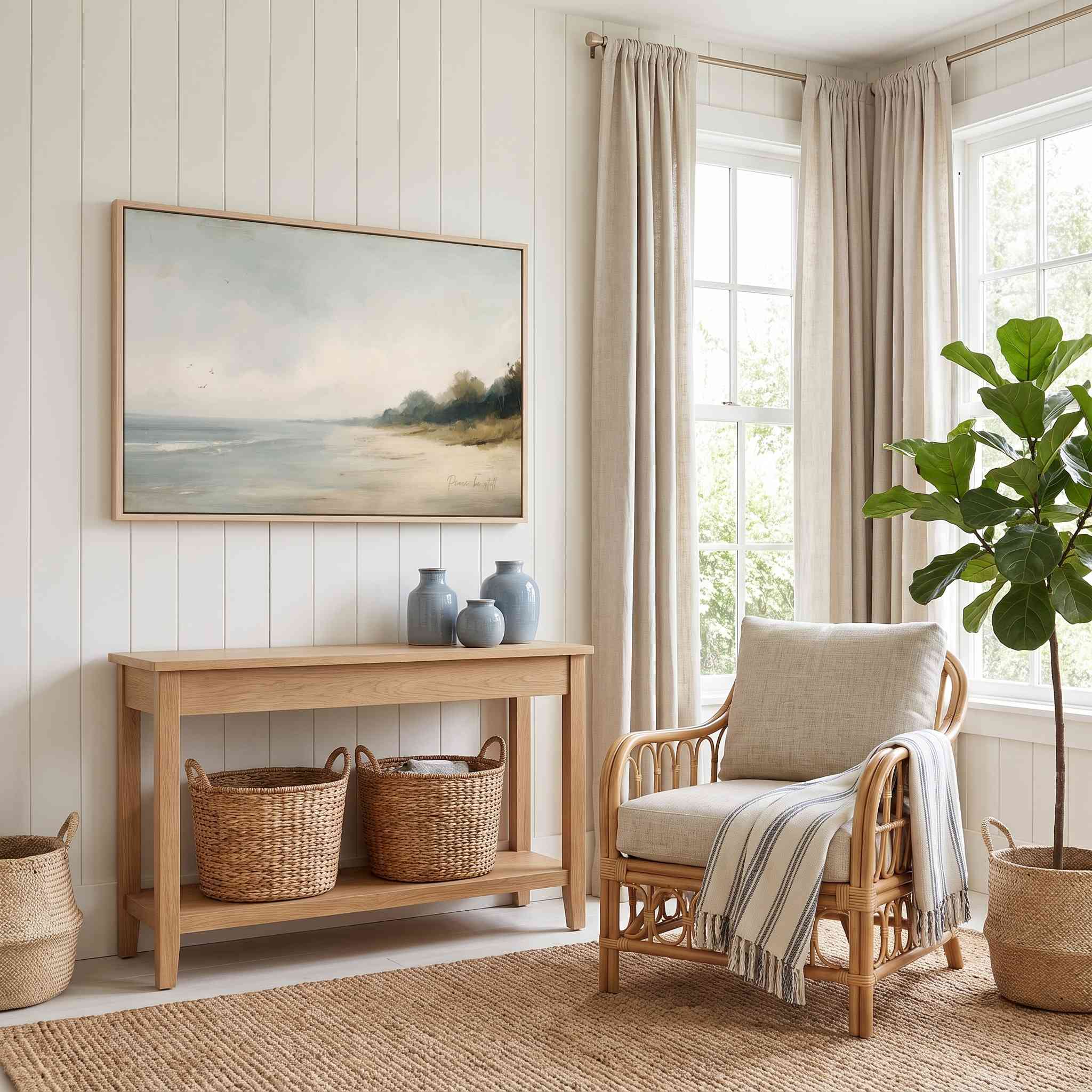 Framed vintage Mark 4:39 Christian landscape canvas wall art featuring a calm coastal beach scene hanging on a white paneled wall above a light wooden console table and rattan armchair in a sunlit room.