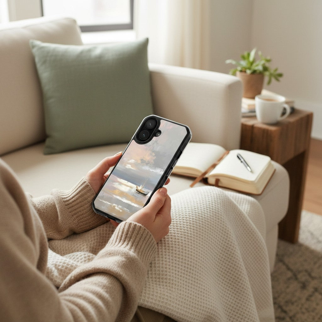 Peace Be Still MagSafe® clear iPhone case featuring a peaceful boat on calm ocean waters, held in a cozy living room beside a journal and coffee table in a warm minimalist home setting