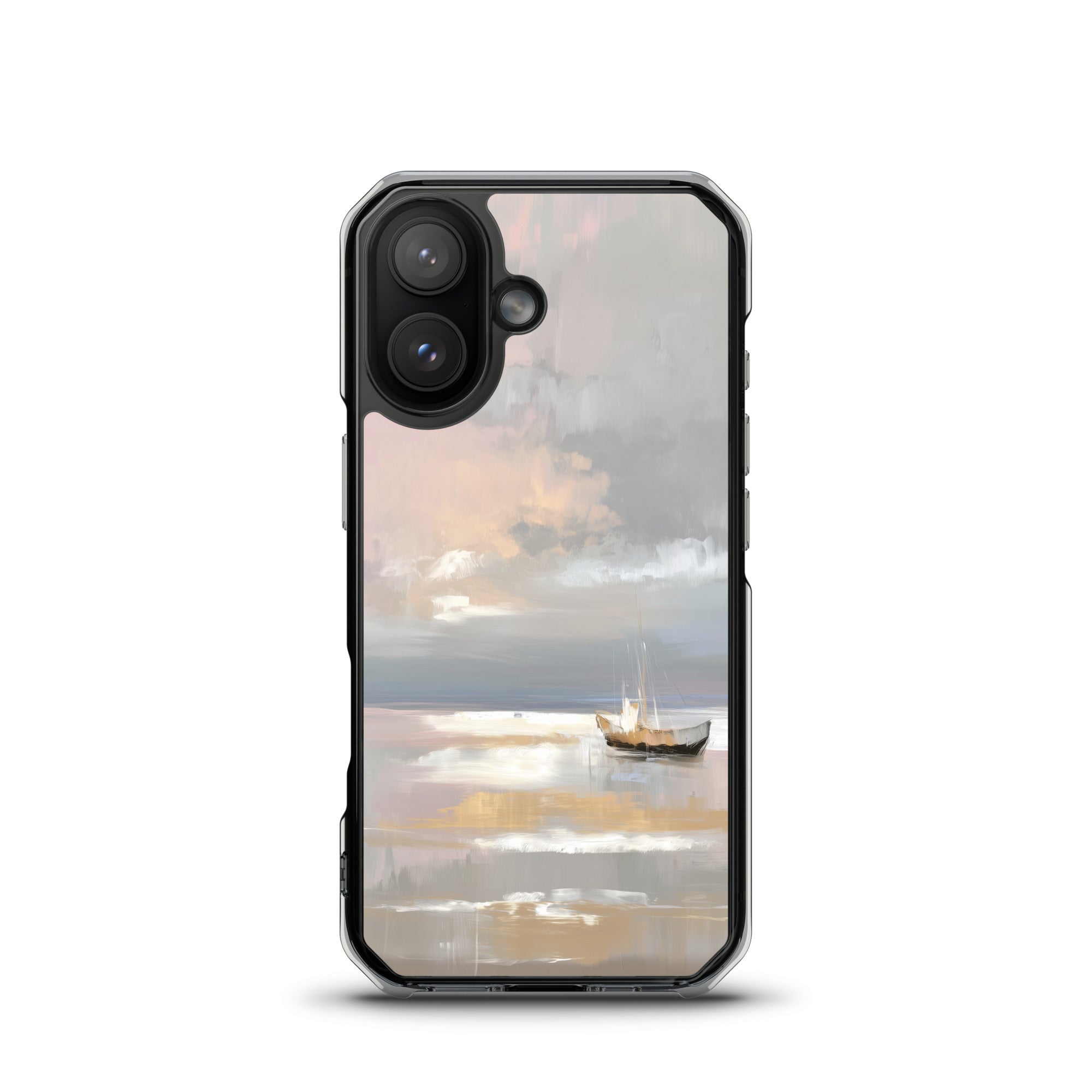 Peace Be Still MagSafe® clear iPhone case featuring a peaceful sailboat on calm ocean waters with soft neutral sky tones, displayed in a minimalist studio product mockup for Christian coastal aesthetic lovers