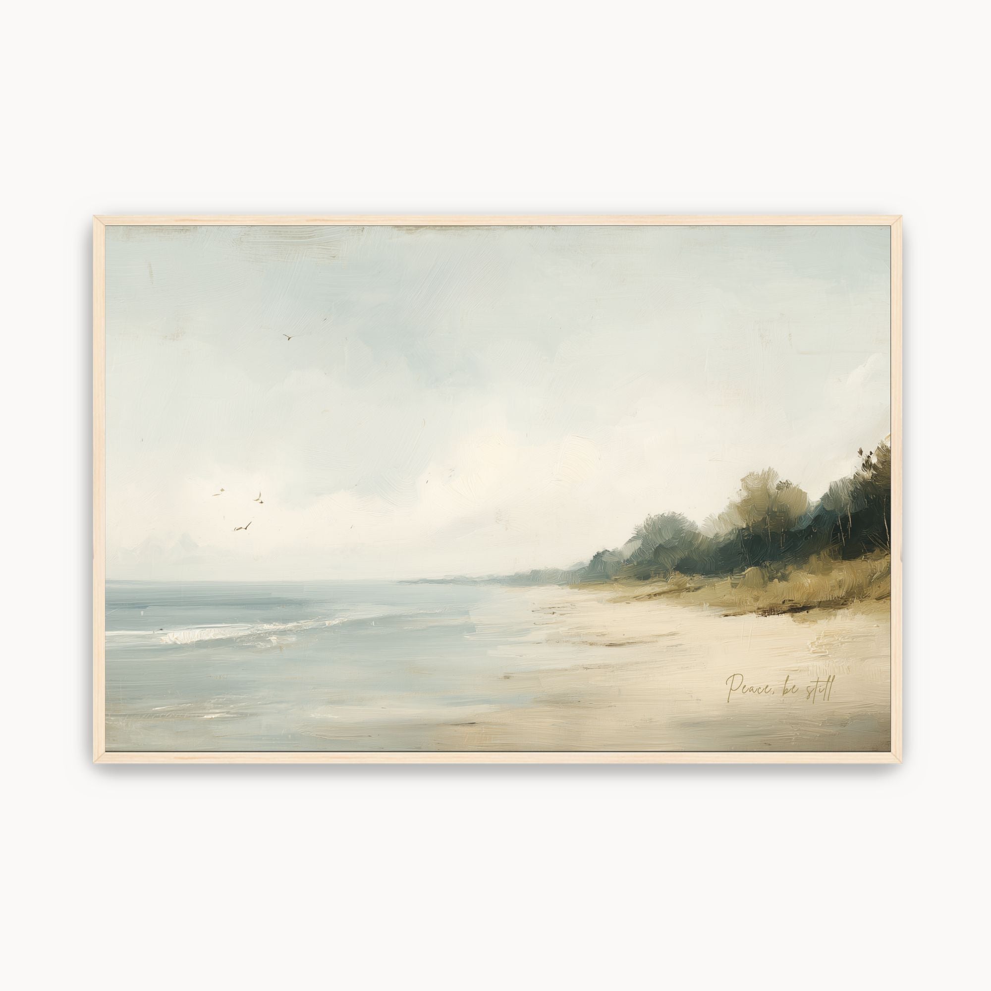 Vintage Mark 4:39 Christian wall art featuring a calm coastal beach landscape canvas print with handwritten script scripture, sandy shore, and a maple wood frame.
