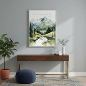 Christian scripture canvas art “Peace I Leave with You” showing tranquil mountains and stream, styled above a dining table.