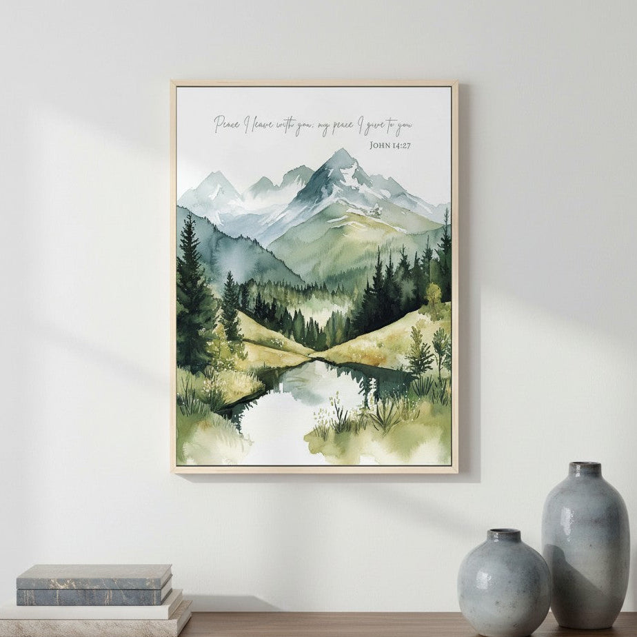 Peace I Leave with You Christian wall art featuring a watercolor mountain stream and John 14:27 scripture displayed in a peaceful setting.